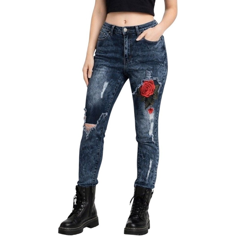 Blue Topic Distressed Floral Patch Skinny Jeans Embroidered Rose Denim 15/16 NEW